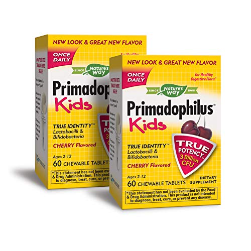 Nature's Way Primadophilus Kids Once Daily 3 Billion Probiotic, Cherry Flavored, 60 Chewables, Pack of 2