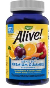 nature’s way alive! men’s 50+ premium gummies, 15 vitamins and minerals, grape, orange and cherry flavored gummies, 75 gummies
