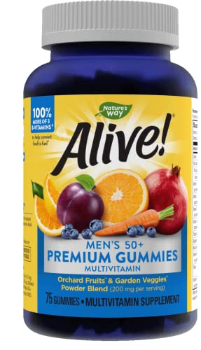 Nature’s Way Alive! Men’s 50+ Premium Gummies, 15 Vitamins and Minerals, Grape, Orange and Cherry Flavored Gummies, 75 Gummies