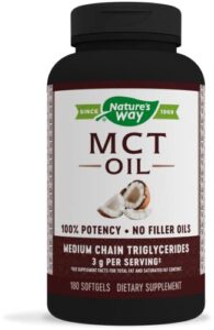 nature’s way mct oil, brain and body fuel from coconuts*; keto and paleo friendly, organic, gluten free, 180 softgels