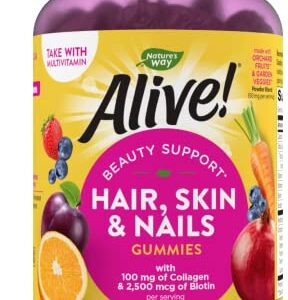 Nature's Way Alive! Hair, Skin & Nails Gummies with Biotin and Collagen, Beauty Support*, Strawberry Flavored, 60 Gummies