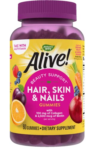 Nature's Way Alive! Hair, Skin & Nails Gummies with Biotin and Collagen, Beauty Support*, Strawberry Flavored, 60 Gummies