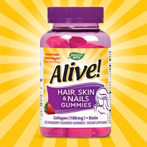 Nature's Way Alive! Hair, Skin & Nails Gummies with Biotin and Collagen, Beauty Support*, Strawberry Flavored, 60 Gummies