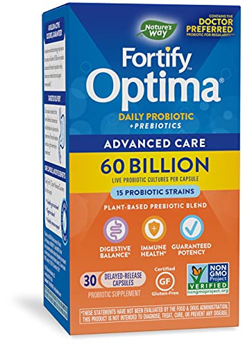 Nature’s Way Fortify Optima Daily Probiotic 60 Billion 15 Strains Digestive and Immune Support* with Prebiotics 30 Capsules