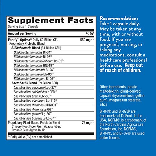 Nature’s Way Fortify Optima Daily Probiotic 60 Billion 15 Strains Digestive and Immune Support* with Prebiotics 30 Capsules