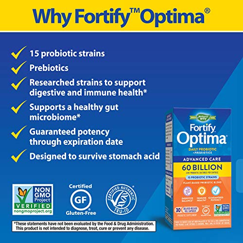 Nature’s Way Fortify Optima Daily Probiotic 60 Billion 15 Strains Digestive and Immune Support* with Prebiotics 30 Capsules