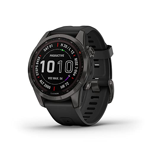 Garmin fenix 7S Sapphire Solar, Smaller adventure smartwatch, with Solar Charging Capabilities, Rugged watch with GPS, touchscreen, wellness features, carbon gray DLC titanium with black band