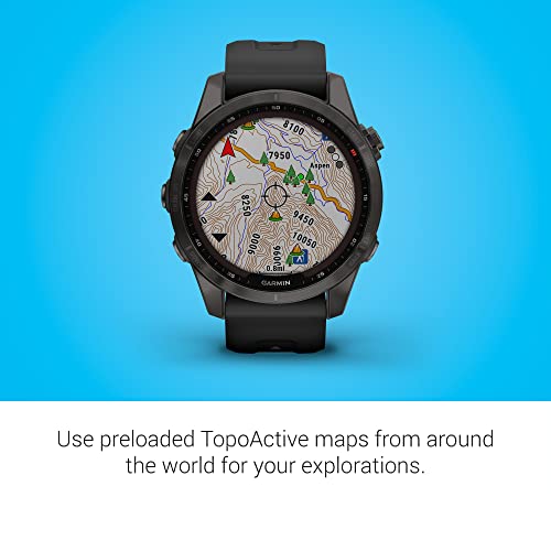 Garmin fenix 7S Sapphire Solar, Smaller adventure smartwatch, with Solar Charging Capabilities, Rugged watch with GPS, touchscreen, wellness features, carbon gray DLC titanium with black band