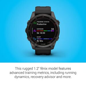 Garmin fenix 7S Sapphire Solar, Smaller adventure smartwatch, with Solar Charging Capabilities, Rugged watch with GPS, touchscreen, wellness features, carbon gray DLC titanium with black band