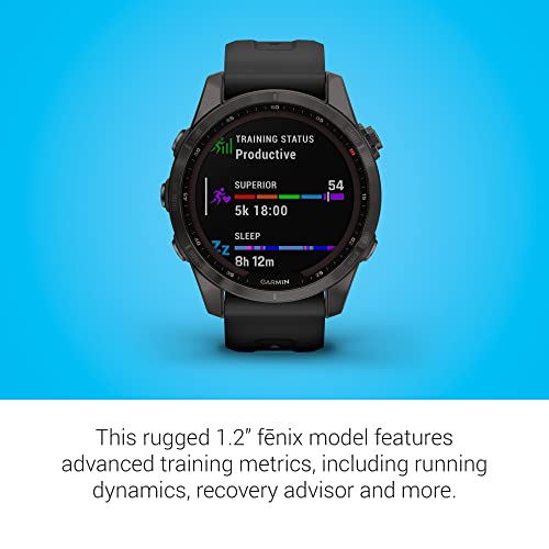 Garmin fenix 7S Sapphire Solar, Smaller adventure smartwatch, with Solar Charging Capabilities, Rugged watch with GPS, touchscreen, wellness features, carbon gray DLC titanium with black band