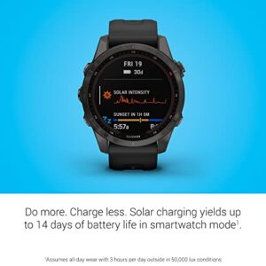 Garmin fenix 7S Sapphire Solar, Smaller adventure smartwatch, with Solar Charging Capabilities, Rugged watch with GPS, touchscreen, wellness features, carbon gray DLC titanium with black band