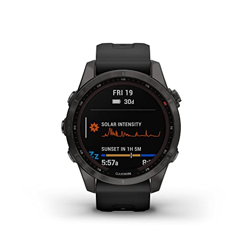 Garmin fenix 7S Sapphire Solar, Smaller adventure smartwatch, with Solar Charging Capabilities, Rugged watch with GPS, touchscreen, wellness features, carbon gray DLC titanium with black band