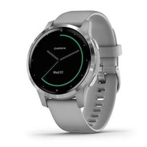 garmin vivoactive 4s, smaller-sized gps smartwatch, features music, body energy monitoring, animated workouts, pulse ox sensors and more, silver with gray band (renewed)