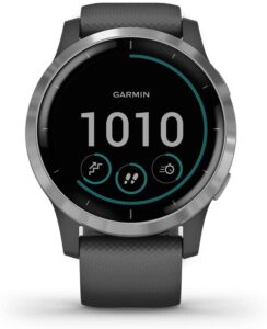 garmin 010-02174-01 vivoactive 4, gps smartwatch, features music, body energy monitoring, animated workouts and more, silver with gray band (refurbished)