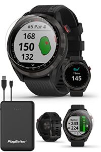 garmin approach s42 (gunmetal/black) golf gps watch | golfer’s bundle with portable charger & hd tempered glass screen protectors (x2) | 42,000+ courses, green view true shape, & f/m/b yardage