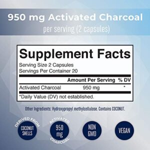 Activated Charcoal | Activated Charcoal Capsules | Supplement for Natural Detoxification | Alleviates Gas & Bloat | Derived from Coconut Shells | Vegan | Non-GMO | Gluten Free | 40 count