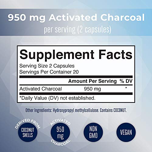 Activated Charcoal | Activated Charcoal Capsules | Supplement for Natural Detoxification | Alleviates Gas & Bloat | Derived from Coconut Shells | Vegan | Non-GMO | Gluten Free | 40 count