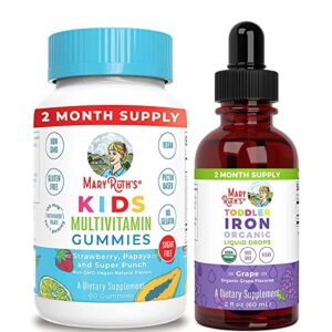 kids multivitamin gummies & liquid iron for children ages 1-3 bundle by maryruth | made with organic ingredients | immune support | iron supplement for toddlers | vegan | non-gmo | gluten free.