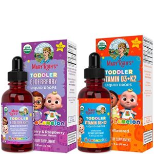 usda organic cocomelon elderberry syrup for toddlers & cocomelon vitamin d3 k2 liquid drops for toddler bundle by maryruth’s | immune support | calcium absorption | strong bones | vegan | gluten free