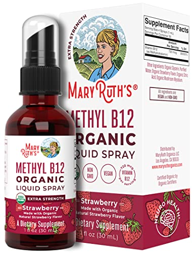 Vitamin B 12 Spray | USDA Organic Liquid B12 Spray for Nerve Function & Energy Boost | Sugar Free | Non-GMO, Vegan, Gluten Free | Strawberry | 1 Fl Oz (Pack of 1)