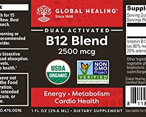 Global Healing Center Vegansafe B12, 2500 mcg Organic Sublingual Liquid Vitamin B12 Drops | 2-in-1 Methylcobalamin & Adenosylcobalamin Blend for Energy, Mood, and Heart Health, 30-Day Supply (1 Fl Oz)