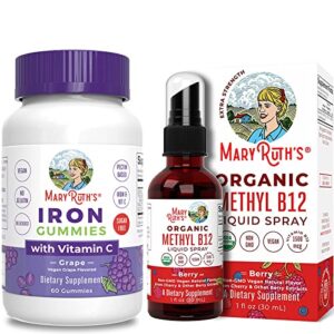 adult iron gummies & vitamin b12 spray (berry) by maryruth’s | iron supplement for iron deficiency for adults | nerve function & energy boost supplement