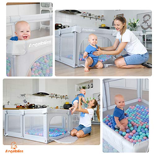 ANGELBLISS Baby Playpen, Extra Large Playard, Indoor & Outdoor Kids Activity Center with Anti-Slip Base, Sturdy Safety Play Yard with Breathable Mesh, Kid's Fence for Infants Toddlers(Grey,71”x59”)