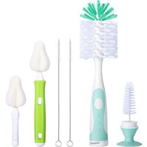 carebabymore baby bottle brush with one base hidden nylon nipple cleaner, 2 pcs sponge nipple brushes, 2 pcs straw brushes, bottle brush with nipple cleaner and suction cup (green)