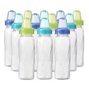 evenflo feeding classic clear plastic standard neck bottles for baby, infant and newborn – teal/green/blue, 8 ounce (pack of 12)