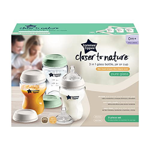 Tommee Tippee Closer to Nature 3 in 1 Convertible Glass Baby Bottles, Anti-Colic Valve – 9-Ounce, 3 Count