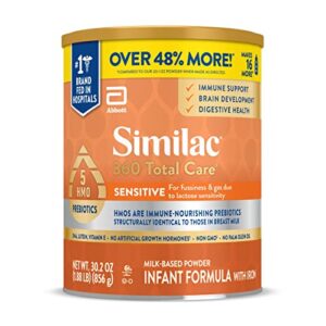 similac 360 total care sensitive infant formula, with 5 hmo prebiotics, for fussiness & gas due to lactose sensitivity, non-gmo, baby formula powder, 30.2-oz can (pack of 1)