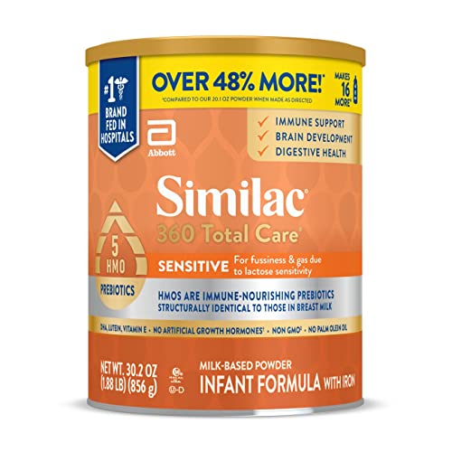 Similac 360 Total Care Sensitive Infant Formula, with 5 HMO Prebiotics, for Fussiness & Gas Due to Lactose Sensitivity, Non-GMO, Baby Formula Powder, 30.2-oz Can (Pack of 1)