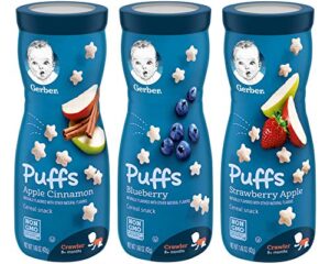 gerber puffs cereal snack variety pack – 1 apple cinnamon, 1 blueberry, 1 strawberry apple – 1.48 oz each (pack of 3)