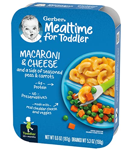 Gerber Mealtime for Toddler Macaroni & Cheese with Side of Seasoned Peas & Carrots, Made with Real Cheddar Cheese & Farm Grown Veggies, 6.6 OZ (Pack of 4)