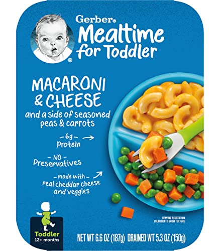 Gerber Mealtime for Toddler Macaroni & Cheese with Side of Seasoned Peas & Carrots, Made with Real Cheddar Cheese & Farm Grown Veggies, 6.6 OZ (Pack of 4)