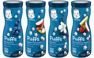 gerber graduates puffs cereal snack, variety (blueberry, apple cinnamon, vanilla, strawberry apple)1.48 oz,(pack -4)