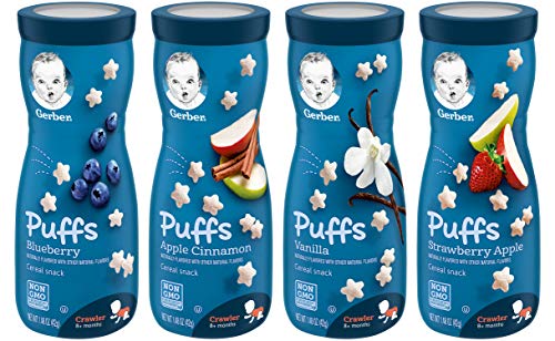 Gerber Graduates Puffs Cereal Snack, Variety (Blueberry, Apple Cinnamon, Vanilla, Strawberry Apple)1.48 Oz,(Pack -4)