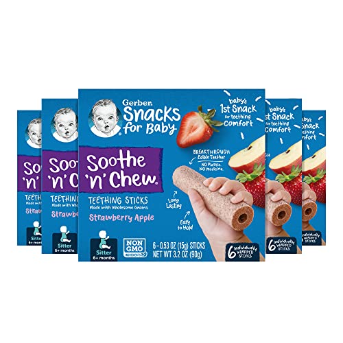 Gerber Baby Food, Sitter, Soothe N Chew Teething Sticks, Strawberry Apple, 5 Boxes of 6 Individually Wrapped Sticks (30 Count)