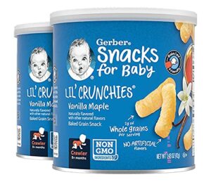 gerber snacks for baby lil’ crunchies, vanilla maple, non-gmo baked grain snack with no artificial flavors, baby snacks for crawlers, 1.48-ounce canister (pack of 2)