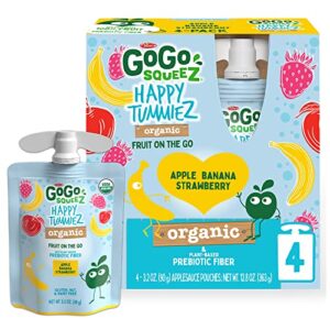 gogo squeez happy tummiez organic apple banana strawberry, 3.2 oz. (4 pouches) – kids snacks with prebiotic fiber – gluten free snacks for kids – nut & dairy free – vegan snacks