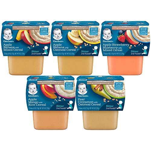 Gerber 2nd Foods Tubs Breakfast Cereal Variety Pack, 3 Pear Cinnamon Oatmeal, 3 Apple Banana Oatmeal, 3 Apple Banana Mixed, 3 Apple Mango Rice, 3 Apple Strawberry Blueberry, 15 CT