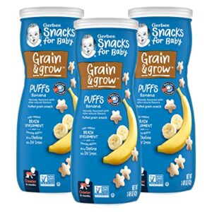 gerber snacks for baby grain & grow puffs, banana, puffed whole grain snack for crawlers, non-gmo & baby led friendly, 1.48-ounce canister (pack of 3)