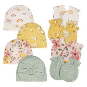 gerber baby girl’s 8 9-piece cap and mitten sets, golden floral, newborn