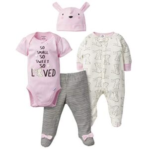 gerber baby girls 4-piece sleep ‘n play, onesies, pant and cap layette set, bunny love, 0-3 months us