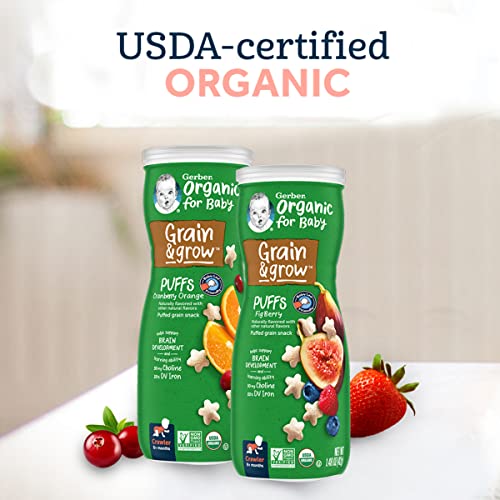 Gerber Organic for Baby Grain & Grow Puffs, Cranberry Orange, Puffed Grain Snack for Crawlers, Non-GMO & USDA Organic, 1.48-Ounce Canister (Pack of 3)