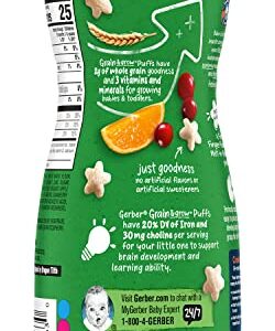 Gerber Organic for Baby Grain & Grow Puffs, Cranberry Orange, Puffed Grain Snack for Crawlers, Non-GMO & USDA Organic, 1.48-Ounce Canister (Pack of 3)