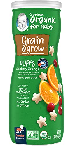 Gerber Organic for Baby Grain & Grow Puffs, Cranberry Orange, Puffed Grain Snack for Crawlers, Non-GMO & USDA Organic, 1.48-Ounce Canister (Pack of 3)