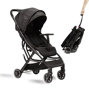 lightweight travel stroller – compact travel stroller for airplane, one-hand folding baby stroller, toddler stroller w/adjustable backrest/footrest/t-shaped bumper(black)