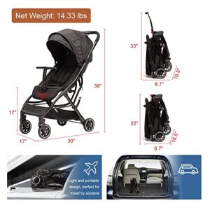 Lightweight Travel Stroller - Compact Travel Stroller for Airplane, One-Hand Folding Baby Stroller, Toddler Stroller w/Adjustable Backrest/Footrest/T-Shaped Bumper(Black)