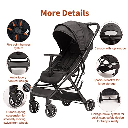 Lightweight Travel Stroller - Compact Travel Stroller for Airplane, One-Hand Folding Baby Stroller, Toddler Stroller w/Adjustable Backrest/Footrest/T-Shaped Bumper(Black)